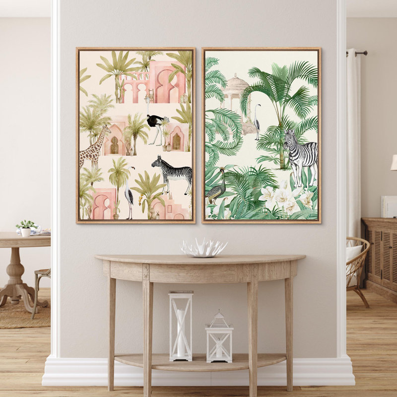 «Jungle Zebra Animals in Tropical Palm Tree Modern Boho», reproduction d'art sur toile encadrée 2 pièces, Naturel