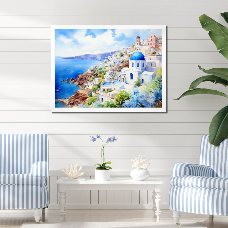 Santorini, Grèce, village côtier, sérénité I - Grèce, art mural, Cadre de coin blanc fermé, H 24 po x l 32 po x P 1 po