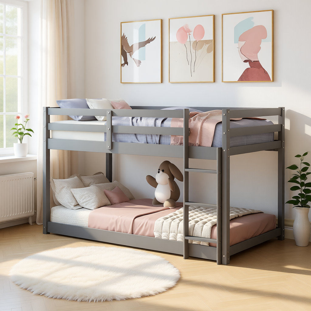 Latitude Run® Twin over Twin Low Floor Bunk Bed with Ladder, Solid Wood ...
