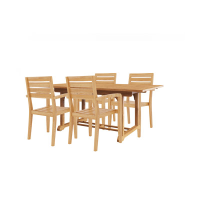 Fleisig 5-Piece Rectangular Teak Outdoor Dining Set with Extendable Table and Stacking Armchairs