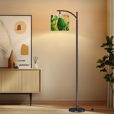Lampe sur pied à arc avec abat-jour réglable botanique, vert, tropical, moderne, or, plante, feuilles, lampe sur pied, bohème, nature, 3 couleurs, intensité variable, haut, poteau avec interrupteur au pied pour la chambre à coucher