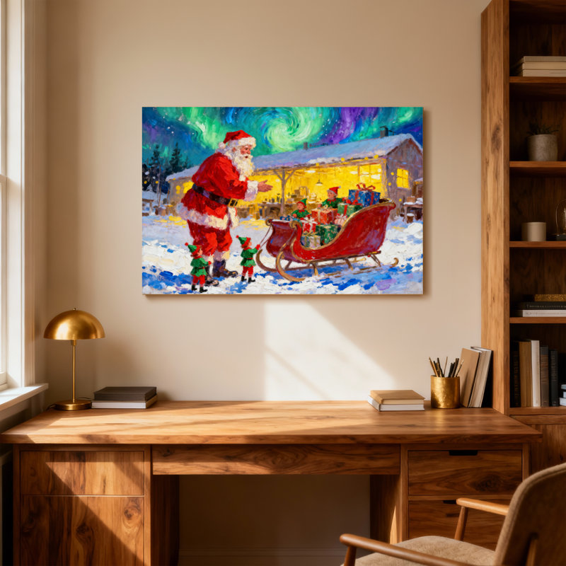 Père Noël avec traîneau et lutins de Noël, H 12 po x l 18 po