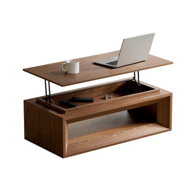 Table basse à plateau relevable avec rangement caché, table basse moderne en placage de bois massif, table d'appoint pour le bureau du salon