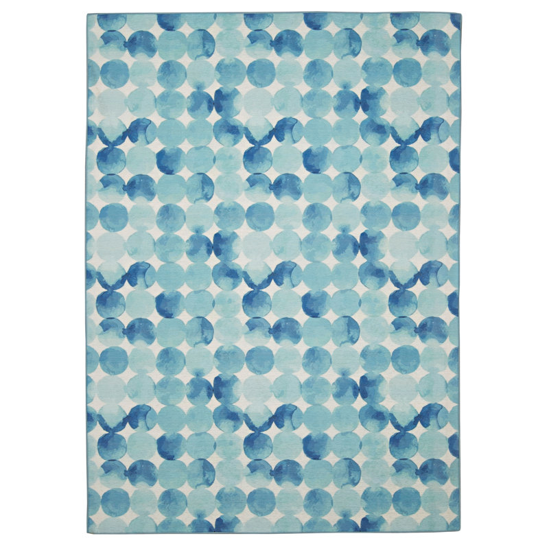 Kirrily Watercolor Circle Blue and Ivory Indoor Outdoor Machine Washable Area Rug, Rectangle 3' x 5'