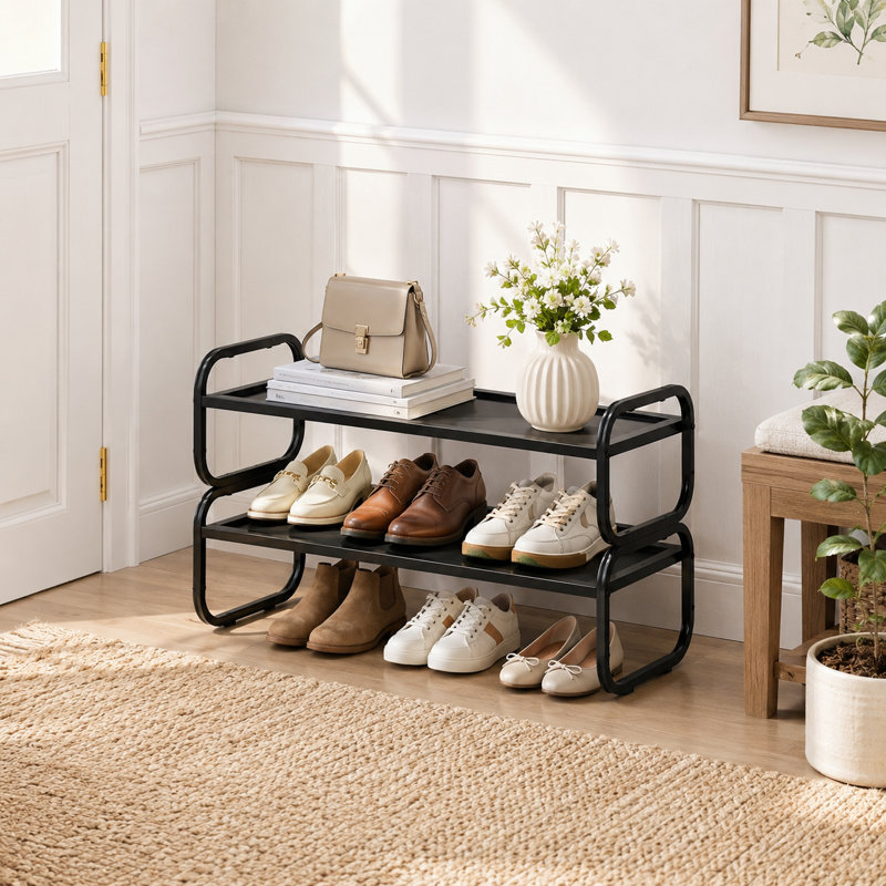 Étagère à chaussures noire extensible réglable à 2 niveaux en métal, support long et empilable pour entrée de garage ou porte d'entrée