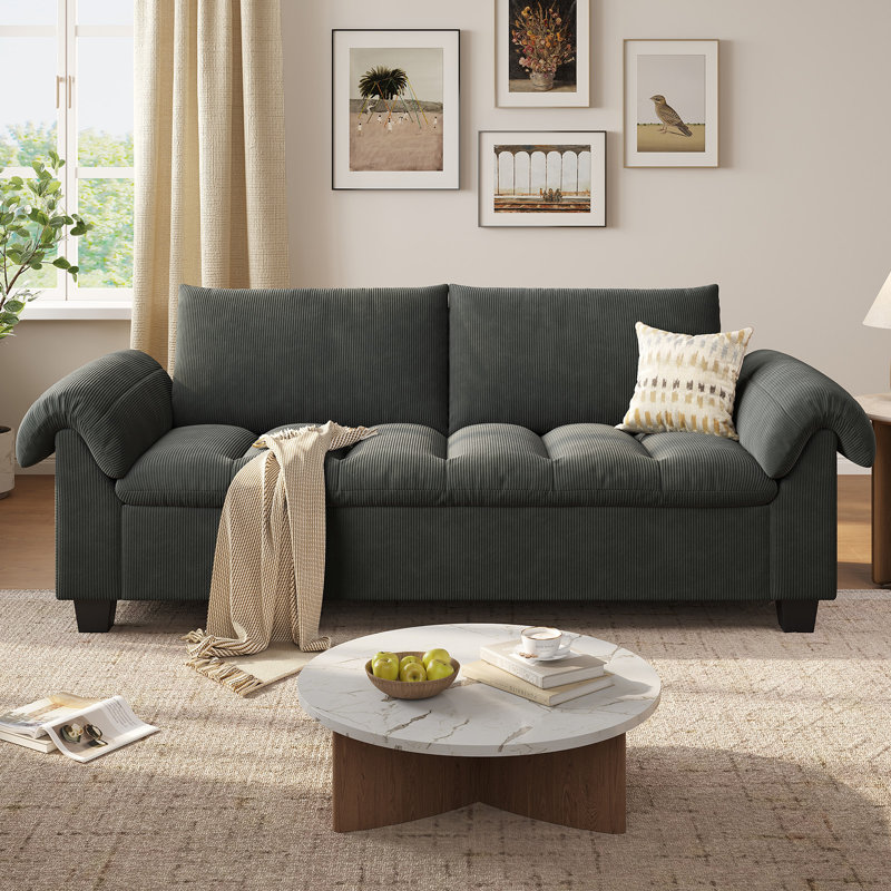 96" Modern 3 - Seater Sofa Couch With Upholstered Armrests, Corduroy Fabric Sofa For Living Room & Apartment, Gray