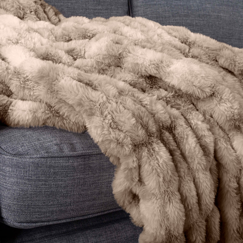 Taupe 60x80-Inch Ruched Faux Fur Queen Blanket