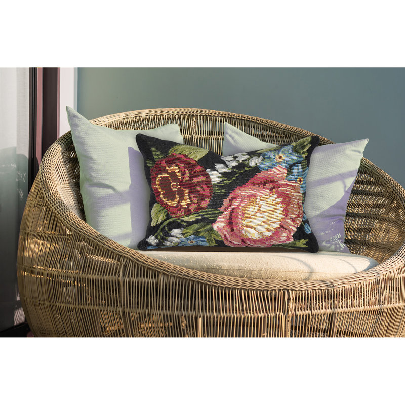 Marina Secret Garden Indoor/Outdoor Floral Pillow Cover & Insert, Black, Rectangle 12"H x 18"W