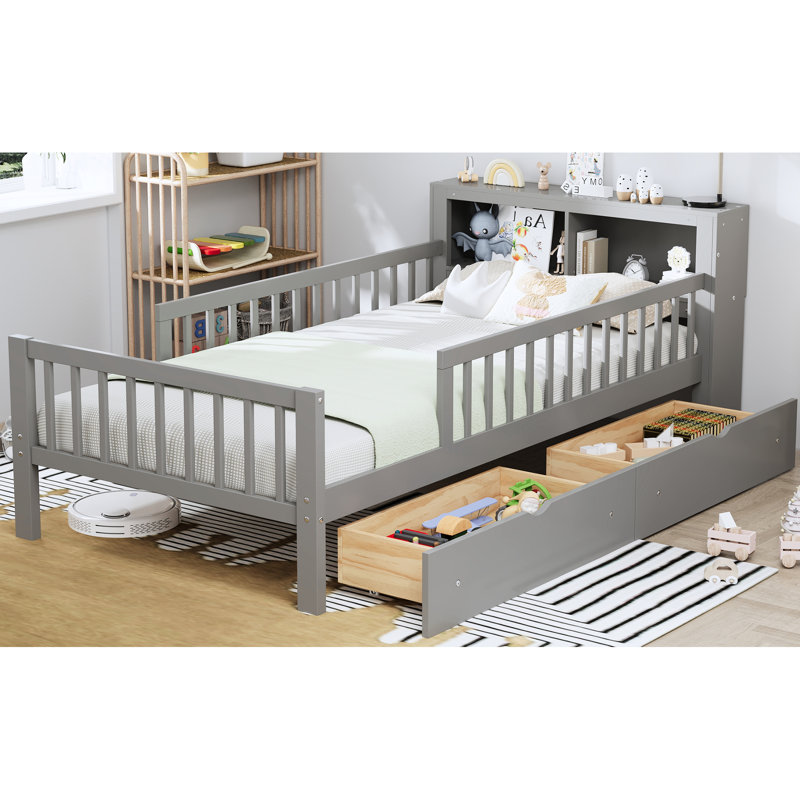 Lit simple avec rangement pratique et tête de lit - Barrières de sécurité incluses, Gris