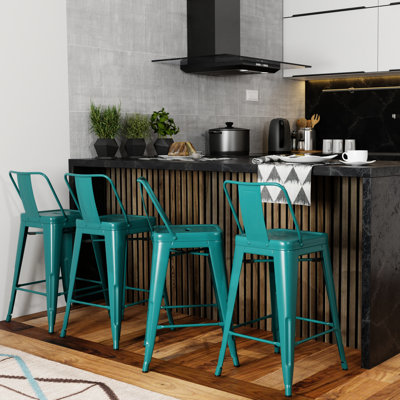 Tabouret de comptoir en métal (4) - Industriel contemporain avec dossier incurvé bleu sarcelle de 4 tabourets de 24 po bleus