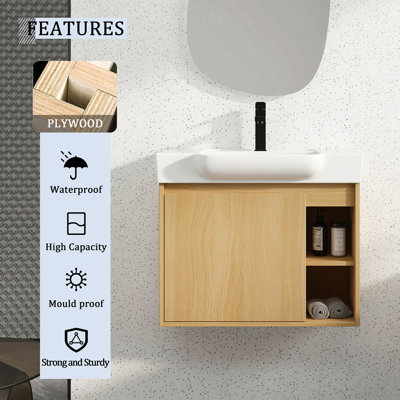Meuble-lavabo mural de 71 cm (28 pouces) avec lavabo en céramique, porte à fermeture douce et design écologique pour les salles de bains modernes.