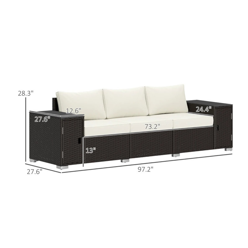 3-Seater Outdoor Wicker Sofa with Cushions, Brown and Cream White Patio Couch, White Cushion/Brown Frame