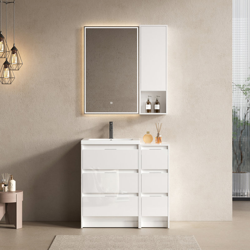 Meuble-lavabo autoportant de 36 po avec lavabo en résine, 1 armoire de rangement et petite armoire murale, tiroirs à fermeture en douceur, contreplaqué blanc brillant pour plus de confort - porte, confort