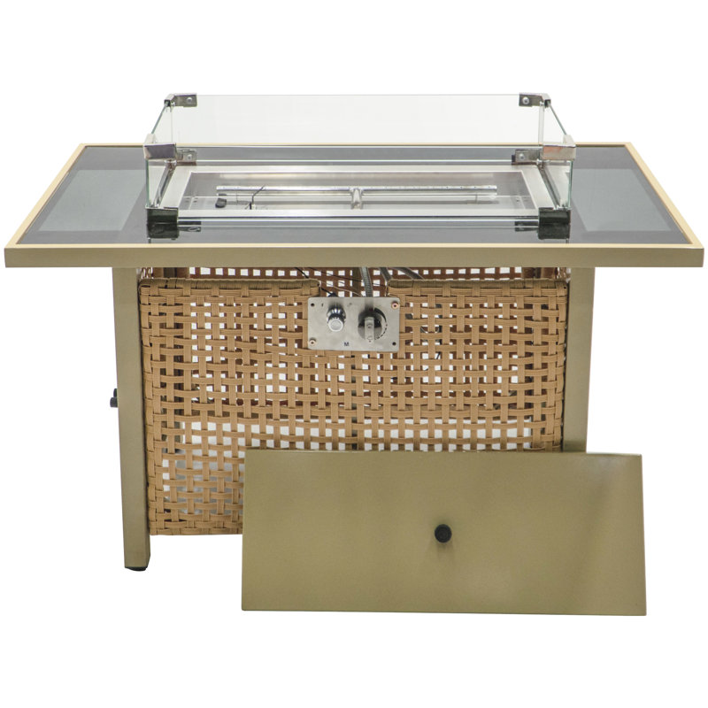 Table de foyer au propane 60 000 BTU avec pierres bleues, 43 po, rectangulaire, à tissage ouvert, pour patio, terrasse, jardin ou cour arrière - Table orange et jaune moutarde, pare-vent en verre.