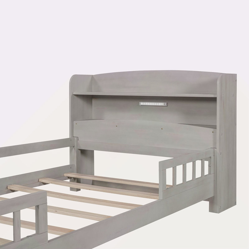 Lit plateforme simple en bois avec éclairage à DEL intégré, tête de lit avec rangement et garde-corps, Gris