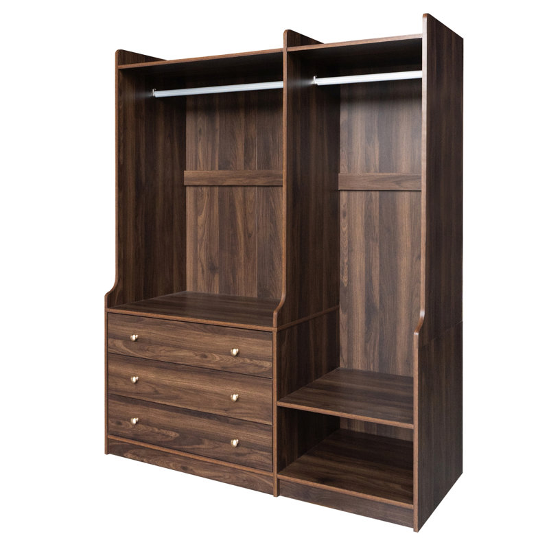 Commode brune, garde-robe ouverte avec rangement