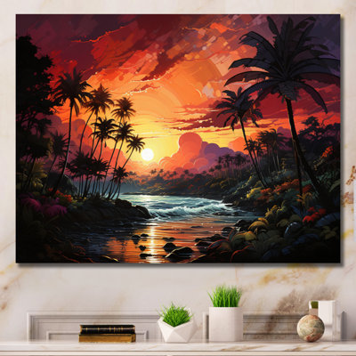 Palmiers sur un coucher de soleil coloré sur toile
