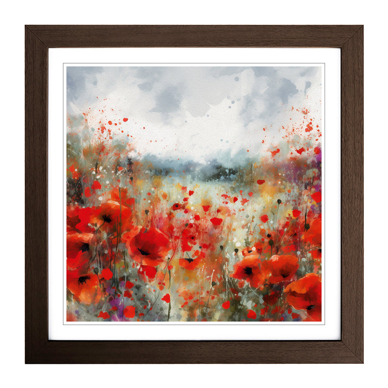 Poppy Field Splatter No.2 - Single Picture Frame Print on Wood, Walnut