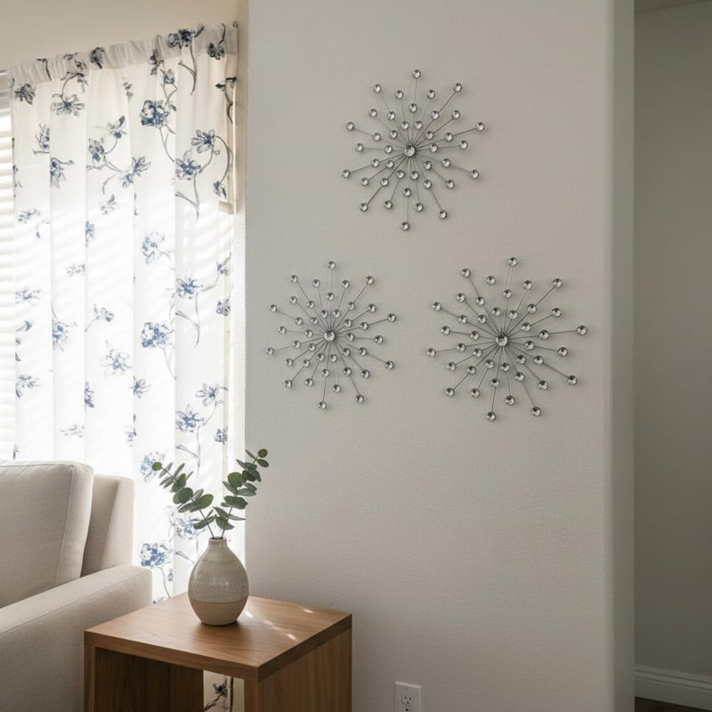 Ensemble de 3 décorations murales argentées Sunburst