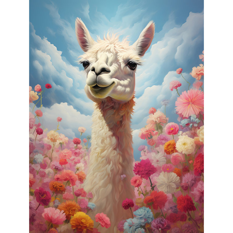 Wall Art Print Happy Llama Peeking Head Over Flowers Bright Artwork Kids Bedroom Dreamy Spring Meadow Poster