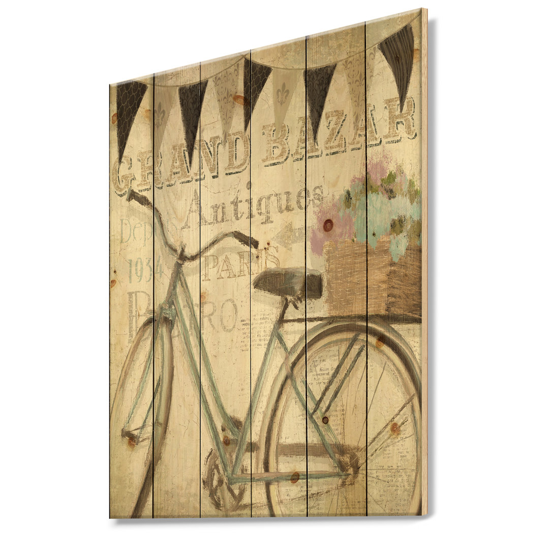 French Bicycle Flea Market II - French Country Print on Natural Pine Wood East Urban Home 