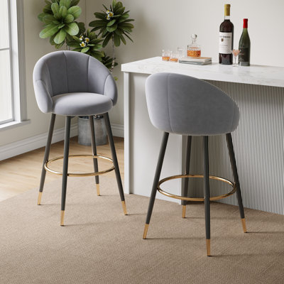 Elegant Gray Velvet & Gold Metal Bar Stools, Set Of 2
