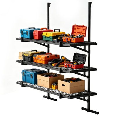Étagère murale de garage robuste et étagère à contenant d'expédition - support de rangement réglable en métal à 3 niveaux avec supports de tablette suspendus, espace de rangement vertical sans perçage pour espacement de cadre de 43,3 po / 55,1 po