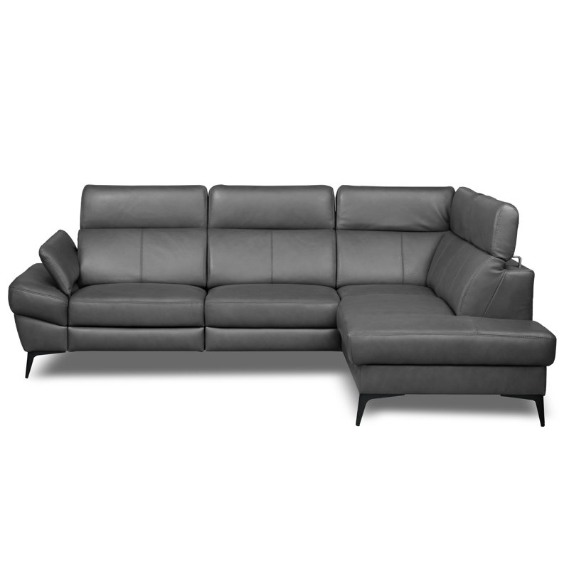 Genuine Leather Reclining Corner Sofa with Adjustable Headrests and Adjustable Armrest and Storage, Right Hand Facing, Grey