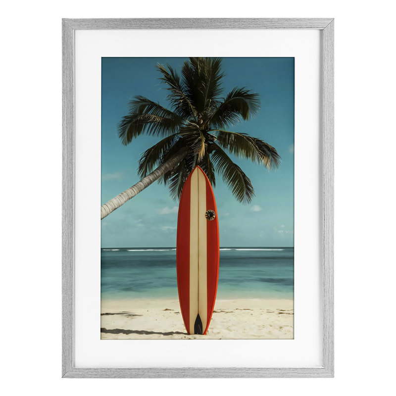 Palmier simple et planche de surf imprimée sous verre, design par LSR Design Studio, H 23 po x l 17 po, Cadre de ferme gris