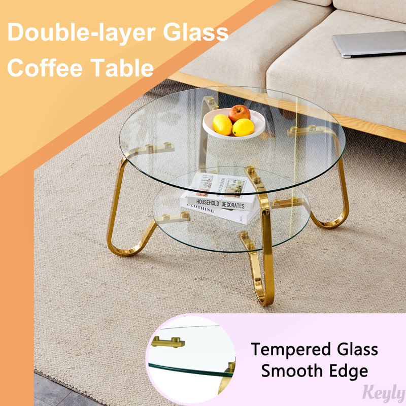 Metal Frame Double-Layer Tempered Glass Coffee Table, Gold
