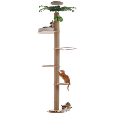 Floor to Ceiling Cat Tree, 96.9"-120.2") Tall Cat Tower with Full Sisal Scratching Posts, Modern Wood Cat Climbing Tree with Acrylic Capsule & Washable Mats