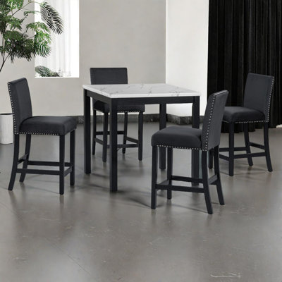 5-Piece Counter Height Dining Set with Faux Marble Table and Velvet-Upholstered Chairs