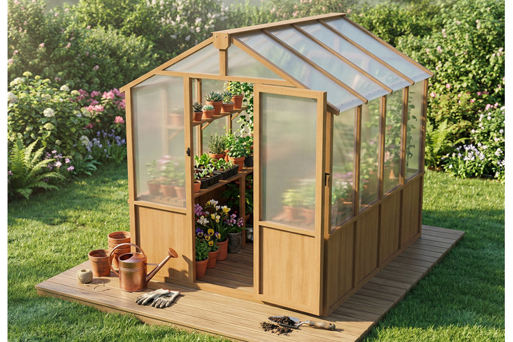 freestanding wooden greenhouse filled with potted flowers and succulents on a small wooden patio.