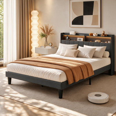 Modern Upholstered Storage Platform Bed Frame with LED Light & Charging Station, Soft Padded Headboard, Wooden Slat Support