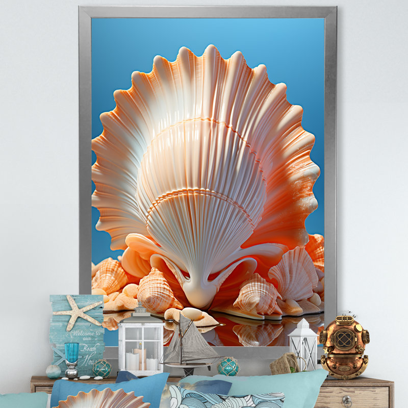 Coquilles opulentes symboliques sur toile, H 44 po x l 34 po x P 1,5 po, Cadre simple argenté