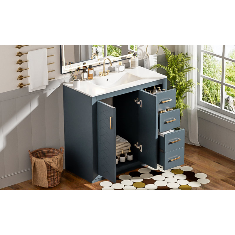 De meuble-lavabo autoportant en céramique - ensemble de lavabo en céramique, structure en bois avec 3 tiroirs et portes à fermeture en douceur