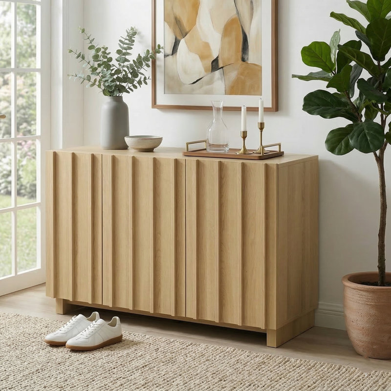 Araminta 47" W 16-Pair Fluted Shoe Storage with Fluted Doors, Oak