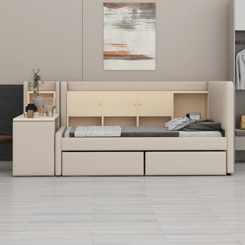 Upholstered Daybed With Drawers, Shelves, Flip Cabinets & Side Table, Beige