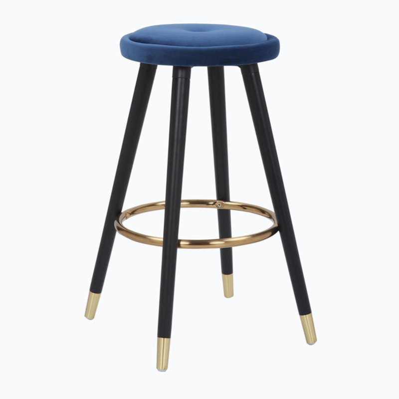 Blue Velvet and Gold Metal Backless Counter Stool