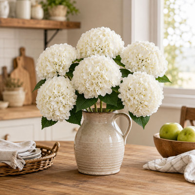 6 Piece White Artificial Hydrangea Flower Set with Long Stems and Leaves
