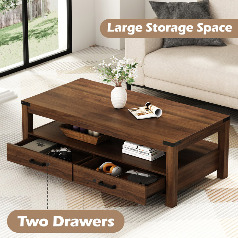 Rectangular Coffee Table With Two Storage Drawer And 2-tier Storage Shelves, Walnut