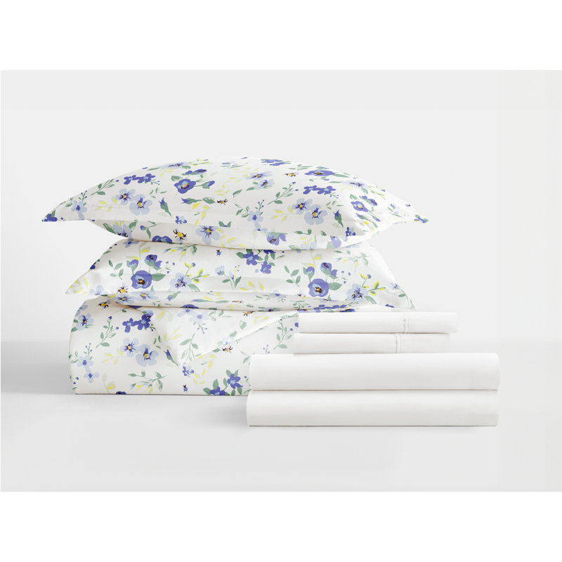 California King Blue Floral Polyester Bedding Bundle
