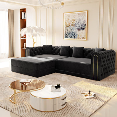 Canapé-lit 3 places convertible en lit, gris foncé, profondeur d'assise 68 cm, hauteur sous plafond 21 cm, 4 coussins, montage facile, gain de place 230 cm, capitonnage, bordure dorée, coussins inclus