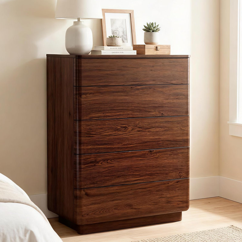 5 Drawer Modern Dresser, Wood Wide Chest of Drawers, Dark Walnut