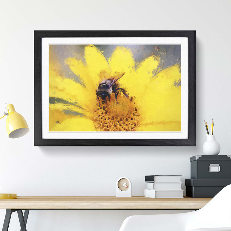 Bee Collecting Pollen in Abstract - Picture Frame Painting Print, Black Framed, 36cm H x 48cm W x 2cm D