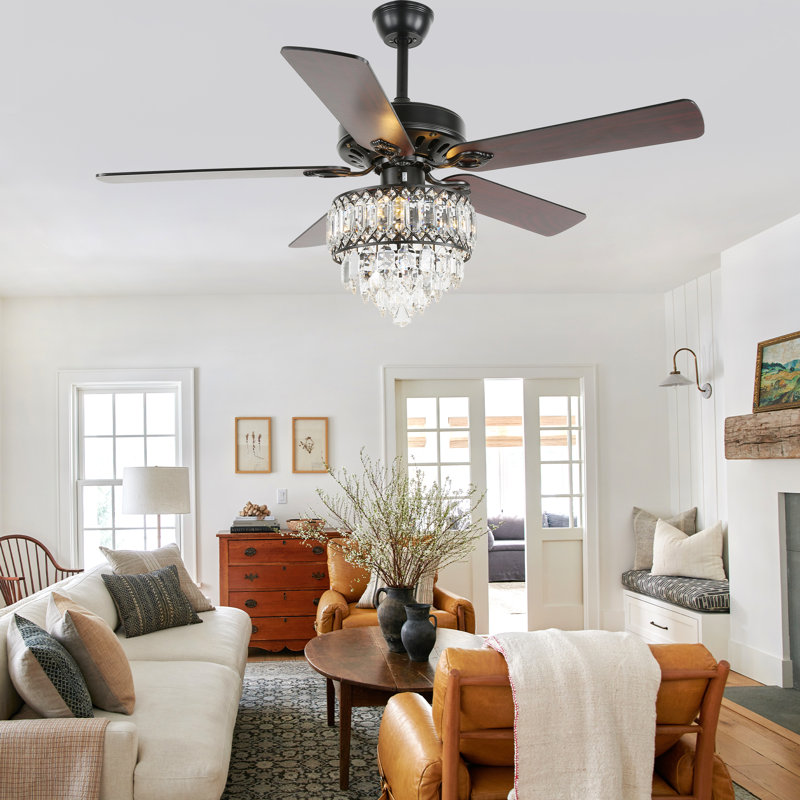 52'' 5-Blade Crystal Ceiling Fan with Light and Remote Control, 6 Speeds, Reversible DC Motor, Timer, Black
