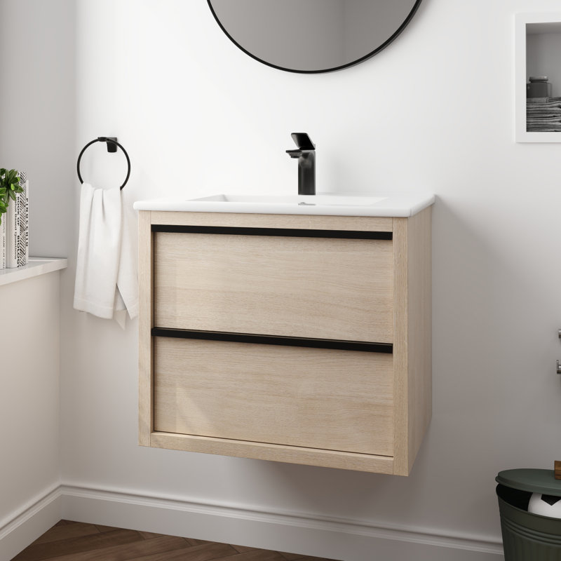 Kohlten 24" Wall-Mounted Single Bathroom Vanity Set, Floating Bathroom Vanity with 2 Drawers, Ceramic Basin Sink Top, White