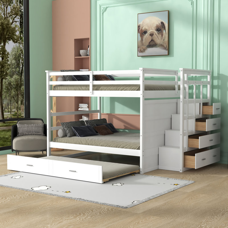 Hazlee Kids Full Over Full Bunk Bed with Trundle with Drawers, White