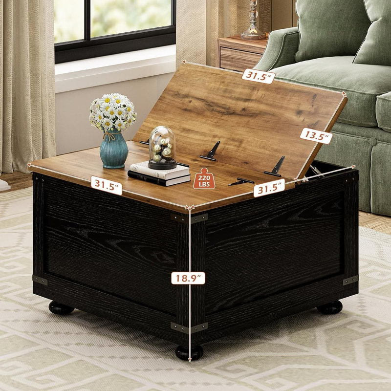 Paccione Single Coffee Table,Farmhouse Coffee Table with Storage, Large Square Coffee Table with Wood Gourd Feet and Hydraulic Gas Rod for Living Room