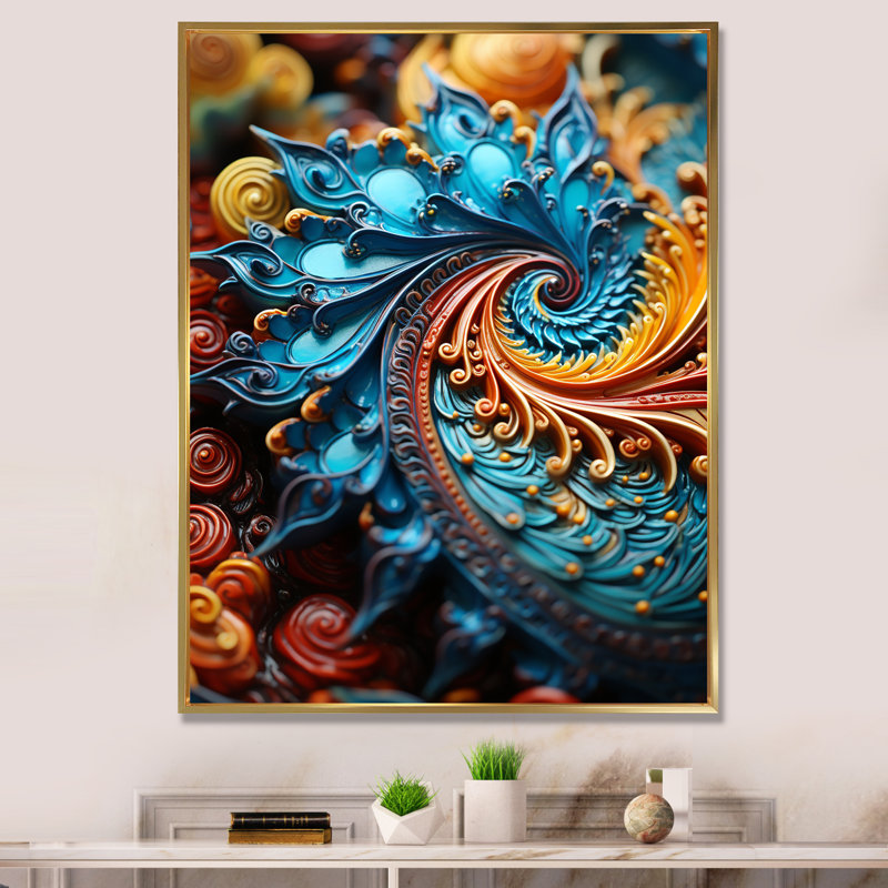 Bleu et jaune, spirale abstraite hypnotique I - art abstrait spirales murales, Cadre flottant doré